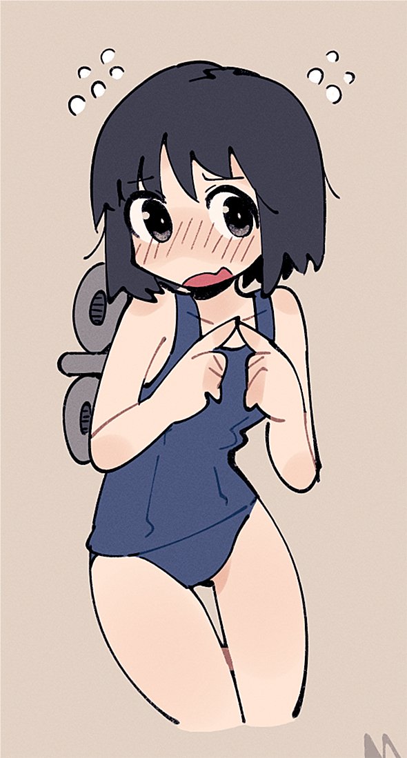 1girl, adpx, android, averting_eyes, bare_arms, bare_legs, bare_shoulders, black_eyes, black_hair, blue_one-piece_swimsuit, blunt_bangs, blush, collarbone, cowboy_shot, cropped_legs, female_focus, flying_sweatdrops, hands_up, humanoid_robot, index_fingers_together, legs_together, light_brown_background, new_school_swimsuit, nichijou, no_nose, nose_blush, one-piece_swimsuit, robot, school_swimsuit, shinonome_nano, short_hair, solo, standing, swimsuit, tareme, thigh_gap, thighs, winding_key