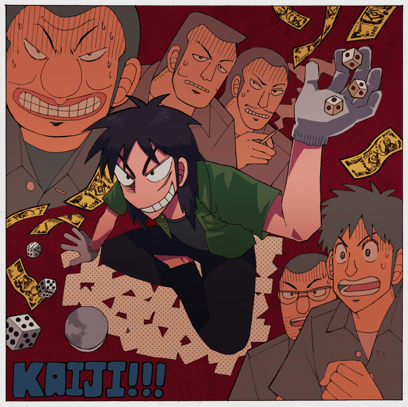 6+boys, banknote, beard_stubble, large_nose, black_hair, black_pants, black_shirt, border, bowl, breast_pocket, buzz_cut, character_name, cheating_(competitive), cigarette, clenched_teeth, commentary_request, copyright_name, denkyu, dice, facial_hair, facial_scar, flattop, fukumoto_nobuyuki_(style), full_body, gloves, green_shirt, grey_gloves, grin, holding, holding_cigarette, holding_dice, indian_style, itou_kaiji, tobaku_mokushiroku_kaiji, kaoru_isawa, long_hair, maeda_(kaiji), male_focus, miyoshi_tomohiro, money, multiple_boys, mustache_stubble, official_style, ootsuki_(kaiji), open_clothes, open_mouth, open_shirt, pants, parody, pocket, red_background, scar, scar_on_cheek, scar_on_face, shirt, short_bangs, short_hair, short_sleeves, sitting, smile, stubble, style_parody, sweat, takuya_nunmakawa, teeth, undershirt, upper_body, very_short_hair, white_border