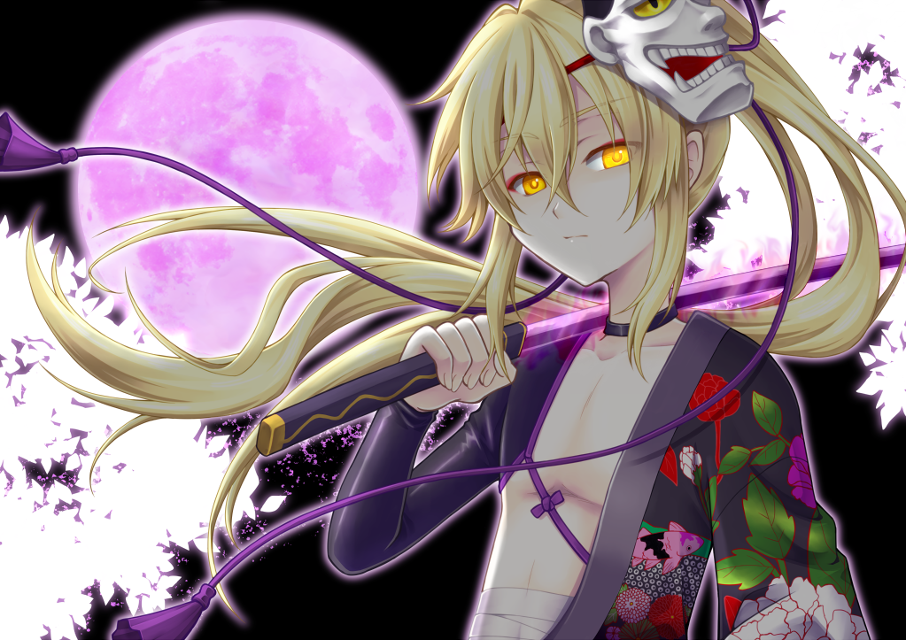 1boy, kagamine_len_(ayasaki), blonde_hair, expressionless, eyeshadow, full_moon, glowing, glowing_eyes