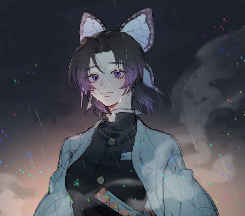 1girl, black_hair, black_shirt, butterfly_hair_ornament, buttons, closed_mouth, cloud, cloudy_sky, collared_shirt, demon_slayer_uniform, expressionless, eyelashes, food, hair_ornament, haori, high_collar, highres, jacket, katana, kimetsu_no_yaiba, kochou_shinobu, long_sleeves, looking_at_viewer, multicolored_hair, open_clothes, open_jacket, pocky, ponytail, purple_eyes, purple_hair, rain, rina_(pipi58293333), shirt, short_hair, sky, smoke, solo, sword, two-tone_hair, upper_body, weapon, white_haori, white_jacket