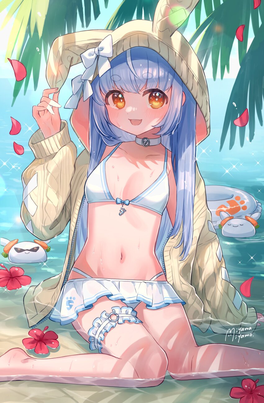 1girl, absurdres, bikini, blue_hair, flower, frilled_bikini, frills, highres