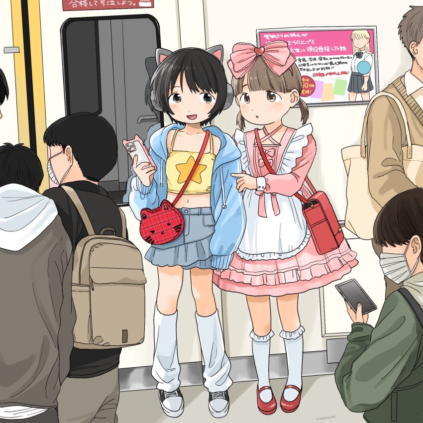 2girls, accurate_lolita_coord, ad, animal_bag, animal_ear_headphones, animal_ears, apron, backpack