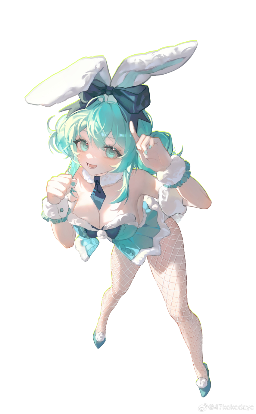 1girl, 47ko, :d, absurdres, animal_ears, aqua_eyes, aqua_hair, aqua_leotard, aqua_nails, aqua_shoes, bare_shoulders, bicute_bunnies_miku, bicute_bunnies_miku_(white_bunny), blue_bow, blue_necktie, bow, breasts, cleavage, clenched_hand, detached_collar, double_bun, ear_bow, fake_animal_ears, fishnet_pantyhose, fishnets, from_above, full_body, fur_armlet, fur_collar, fur_cuffs, hair_bun, hands_up, hatsune_miku, highres, index_finger_raised, leaning_forward, legs_apart, leotard, looking_at_viewer, lower_teeth_only, medium_breasts, necktie, open_mouth, pantyhose, playboy_bunny, rabbit_ears, shoes, short_necktie, simple_background, smile, solo, standing, strapless, strapless_leotard, teeth, tongue, vocaloid, watermark, weibo_watermark, white_background, wrist_cuffs