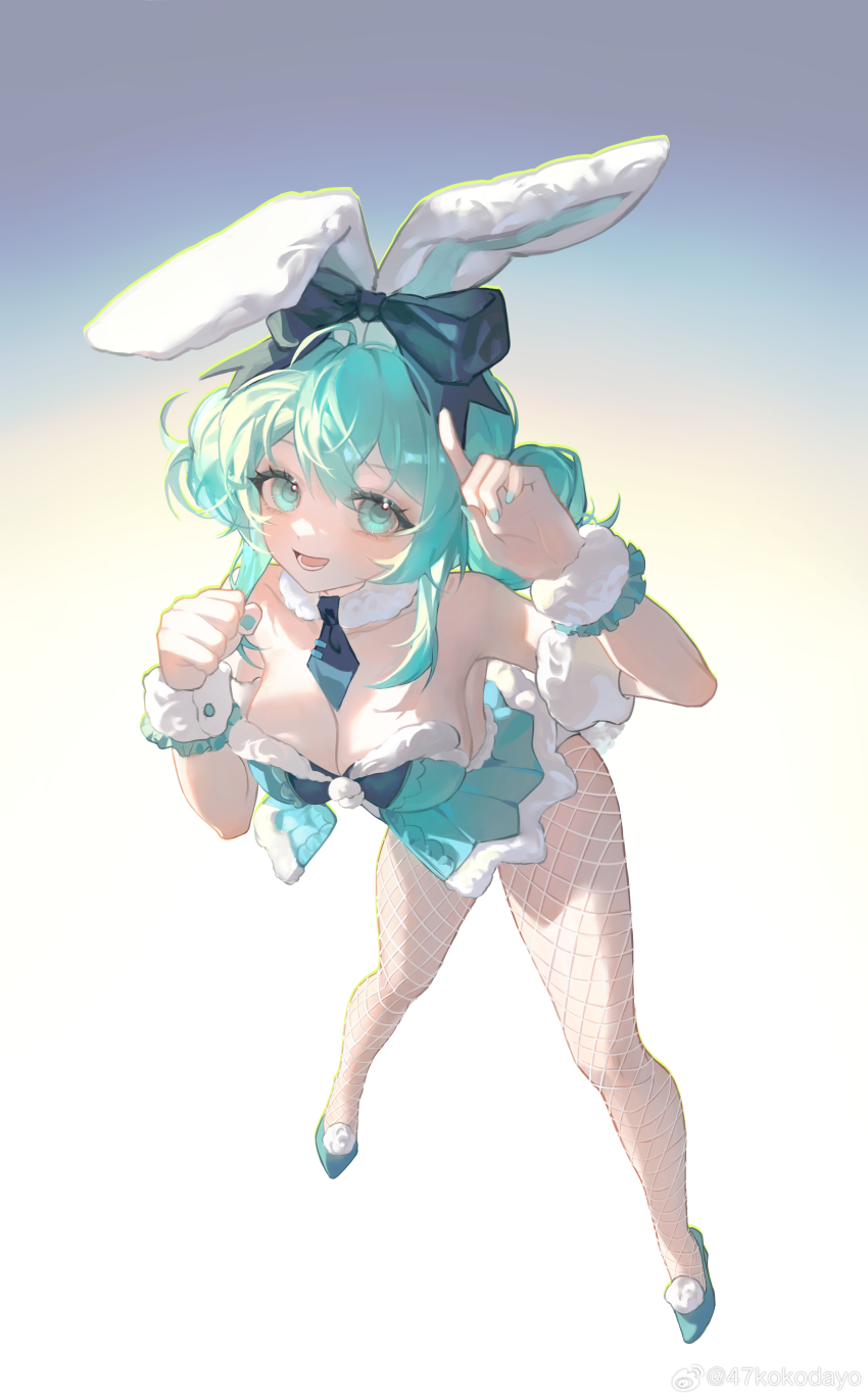 1girl, 47ko, :d, absurdres, animal_ears, aqua_eyes, aqua_hair, aqua_leotard, aqua_nails, aqua_shoes, bare_shoulders, bicute_bunnies_miku, bicute_bunnies_miku_(white_bunny), blue_background, blue_bow, blue_necktie, bow, breasts, cleavage, clenched_hand, detached_collar, double_bun, ear_bow, fake_animal_ears, fishnet_pantyhose, fishnets, from_above, full_body, fur_armlet, fur_collar, fur_cuffs, gradient_background, hair_bun, hands_up, hatsune_miku, highres, index_finger_raised, leaning_forward, legs_apart, leotard, looking_at_viewer, lower_teeth_only, medium_breasts, necktie, open_mouth, pantyhose, playboy_bunny, rabbit_ears, shoes, short_necktie, smile, solo, standing, strapless, strapless_leotard, teeth, vocaloid, watermark, weibo_watermark, white_background, wrist_cuffs