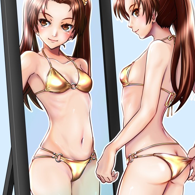 1girl, bikini, blue_background, breasts, brown_eyes, brown_hair, girls_und_panzer, kadotani_anzu, light_blush, light_smile, long_hair, mirror, multi-strapped_bikini_bottom, navel, nishi_itsumi, ribbon, simple_background, small_breasts, stomach, stomach_day, string_bikini, swimsuit, twintails, yellow_bikini