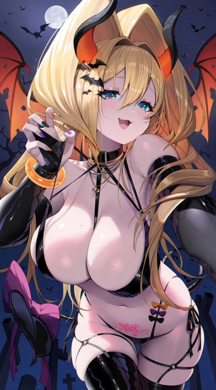 1girl, absurdres, alternate_costume, aqua_eyes, bat_(animal), bat_hair_ornament, between_breasts, black_bra, black_nails, black_panties, black_thighhighs, blonde_hair, blush, bow, bra, breasts, bridal_gauntlets, demon_wings, fangs, goddess_of_victory:_nikke, hair_between_eyes, hair_intakes, hair_ornament, halloween, halloween_costume, heart, heart_in_eye, highres, horns, large_breasts, leaning_forward, long_hair, looking_at_viewer, mole, mole_on_breast, moon, multicolored_nails, nail_polish, navel, night, o-ring, o-ring_thigh_strap, open_mouth, orange_nails, outdoors, panties, pink_bow, pubic_tattoo, purple_nails, revealing_clothes, rupee_(nikke), side-tie_panties, skindentation, solo, strap_between_breasts, strap_lift, symbol_in_eye, tail, tail_bow, tail_ornament, tasmanian_devil_tail, tattoo, thigh_strap, thighhighs, tombstone, underwear, wings, yuri_(chocho_q)