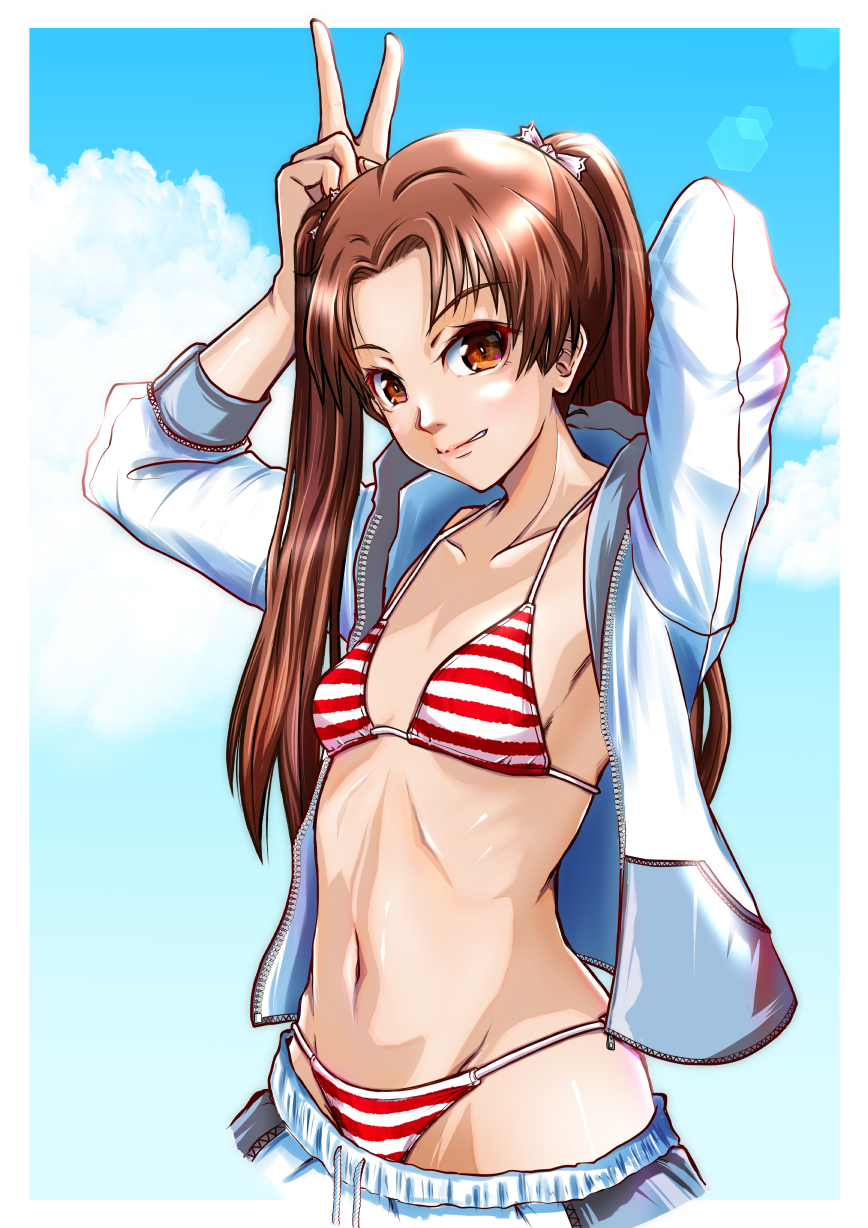 bikini, breasts, brown_eyes, brown_hair, cloud, cloudy_sky, girls_und_panzer, hair_ribbon, highres, jacket, kadotani_anzu, light_smile, long_hair, navel, nishi_itsumi, open_clothes, open_jacket, pants, parted_bangs, ribbon, sky, small_breasts, stomach, stomach_day, striped_bikini, striped_clothes, swimsuit, thong, thong_bikini, twintails, v, white_jacket, wide_hips