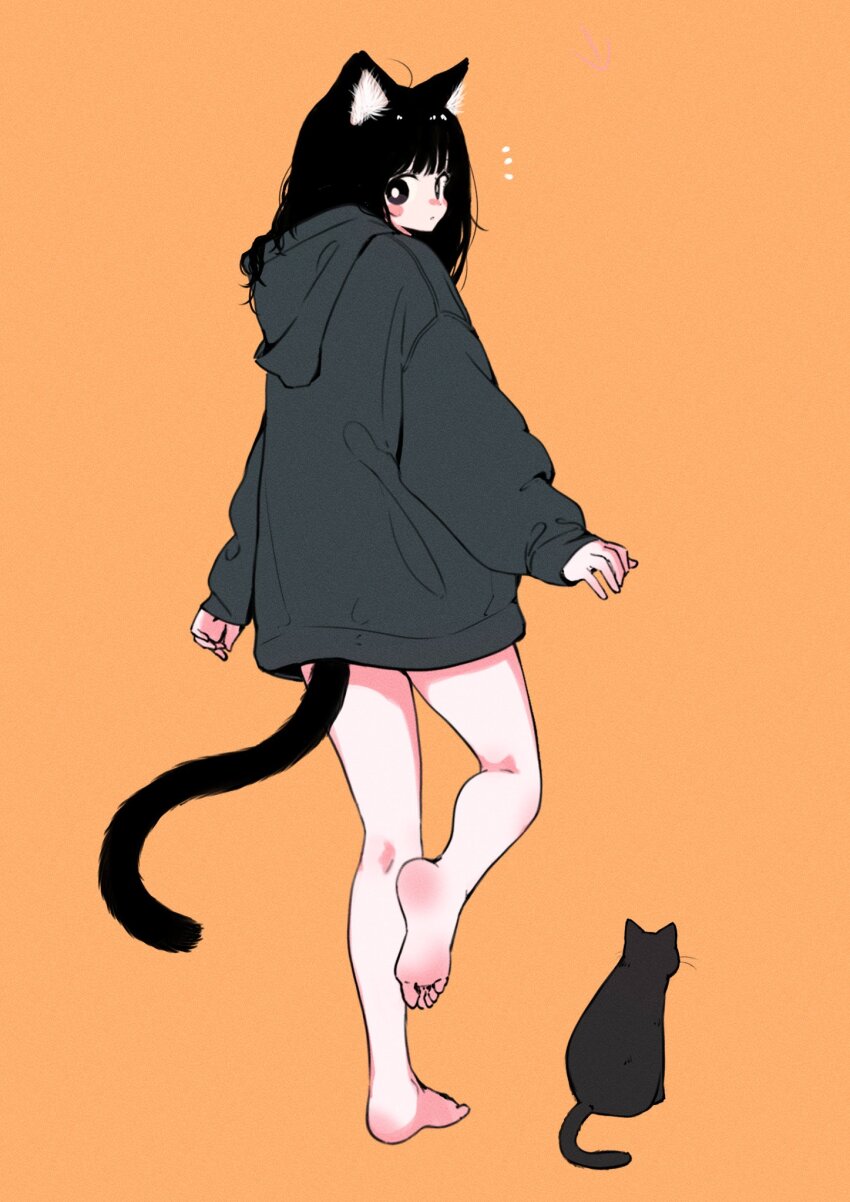 1girl, :o, animal_ear_fluff, animal_ears, bare_legs, barefoot, black_cat, black_eyes