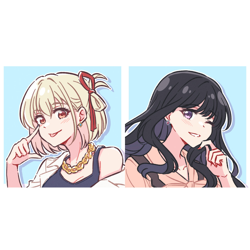 2girls, akamirai, black_hair, blonde_hair, chain, earrings, gold_chain, grin
