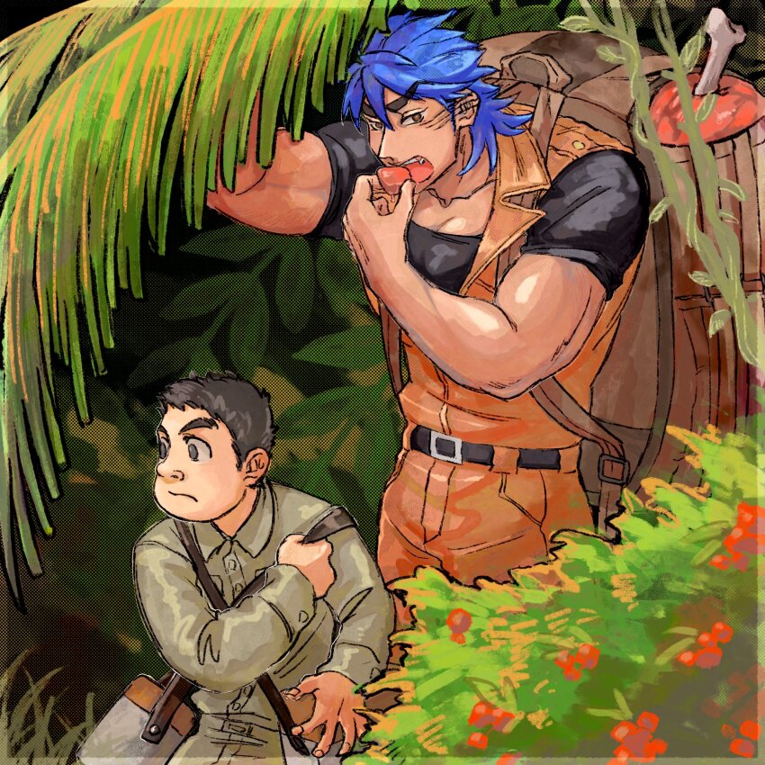2boys, adjusting_strap, backpack, bag, belt, black_hair, black_shirt, blue_hair