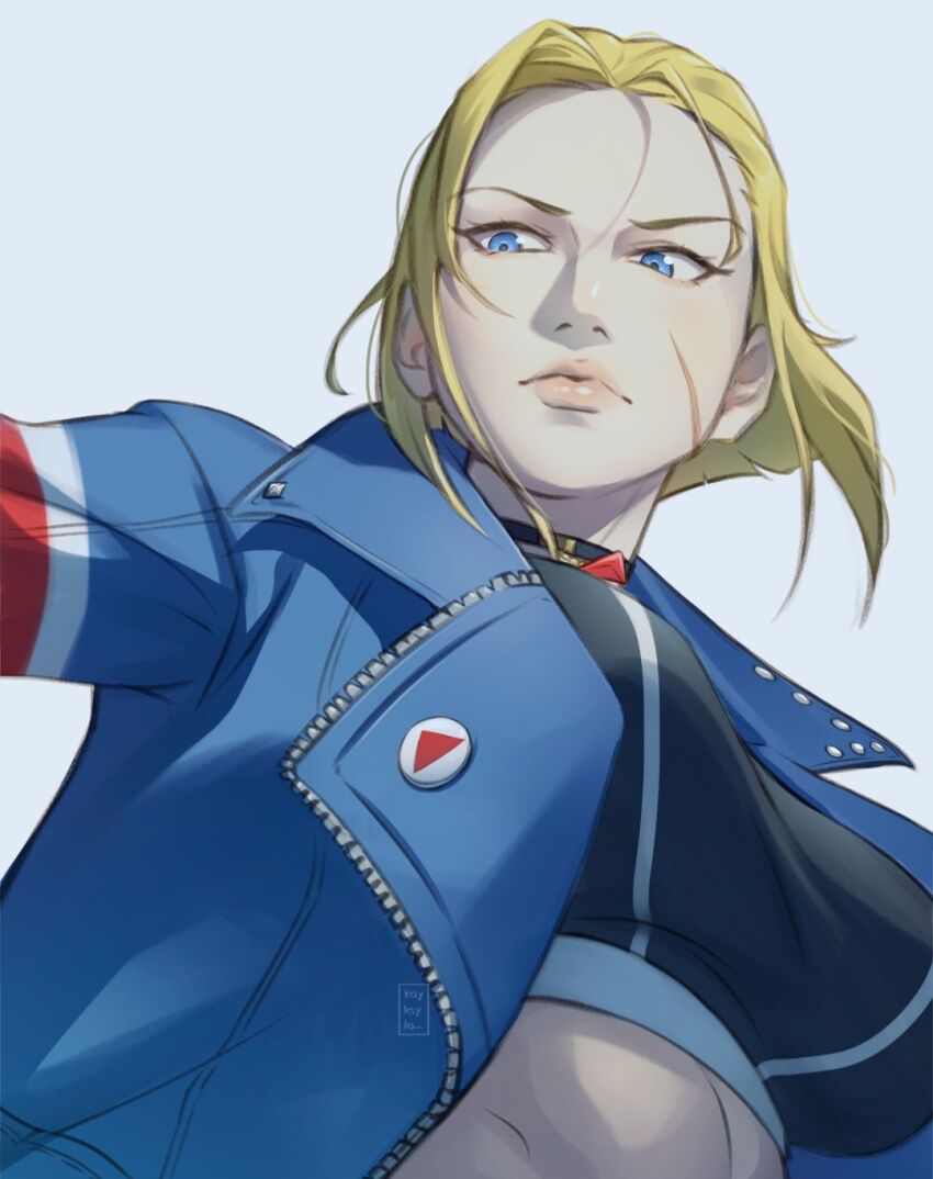 1girl, blonde_hair, blue_eyes, breasts, cammy_white, crop_top, cropped_jacket, highres