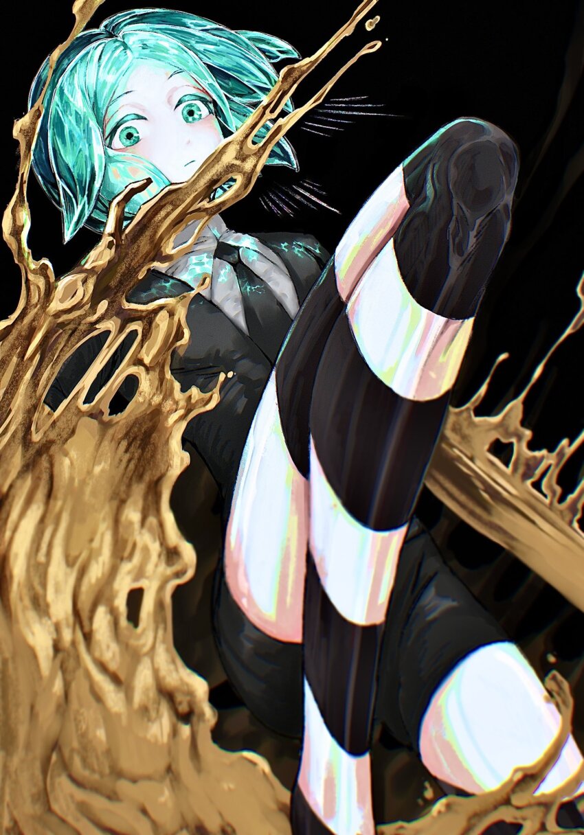 1other, androgynous, aqua_eyes, aqua_hair, black_background, black_necktie, blurry, caustics, closed_mouth, collared_shirt, colored_eyelashes, colored_skin, crystal_hair, depth_of_field, desu_bba, gem_uniform_(houseki_no_kuni), glowing, glowing_hair, golden_arms, highres, houseki_no_kuni, looking_at_viewer, molten_metal, necktie, other_focus, phosphophyllite, shirt, short_hair, simple_background, solo, striped_skin, white_skin