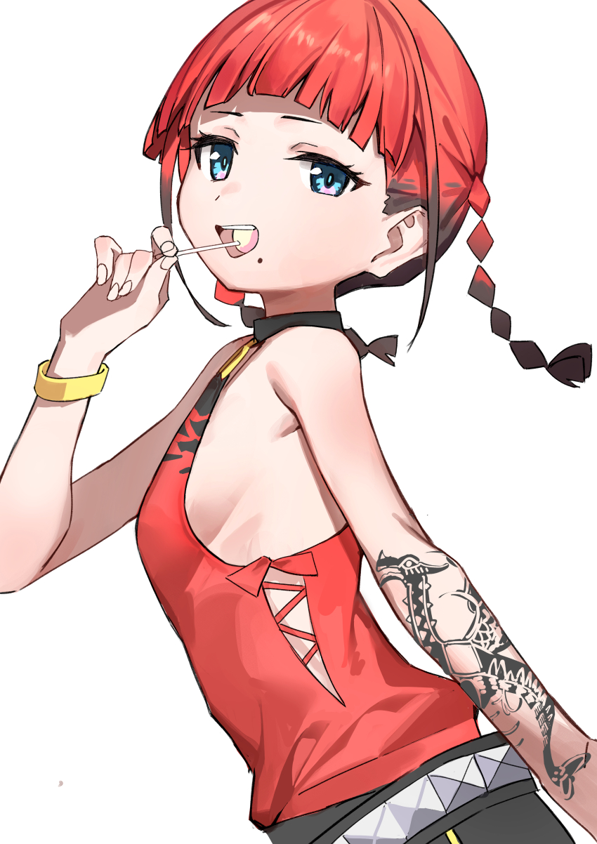 1girl, absurdres, arm_tattoo, armpit_crease, asukagawa_chise, bare_arms, bare_shoulders, blue_eyes
