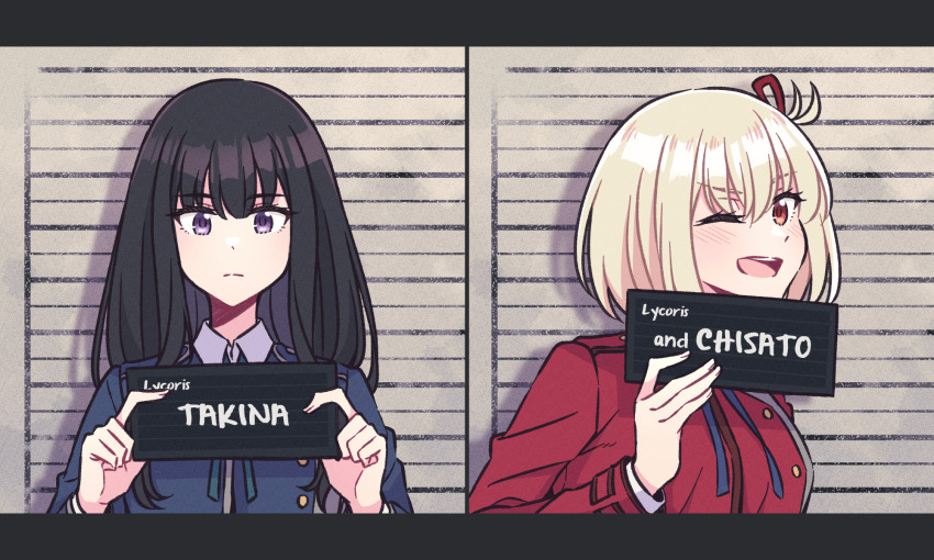 2girls, :|, akamirai, black_hair, blonde_hair, blue_jacket, closed_mouth, hair_ribbon