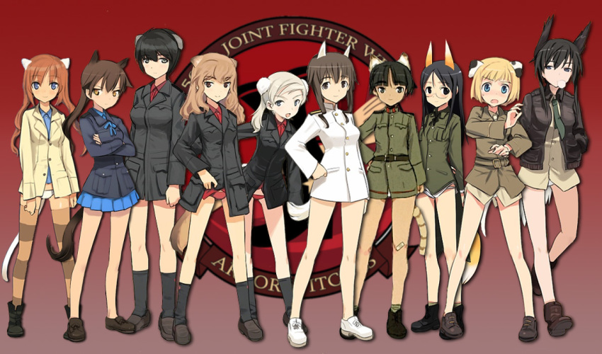 504th_joint_fighter_wing, 6+girls, angela_salas_larrazabal, animal_ears, bare_legs, black_hair, blonde_hair, blowing_bubble_gum