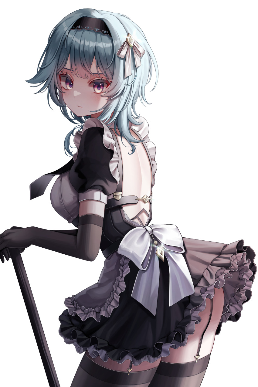 1girl, absurdres, alternate_costume, apron, backless_outfit, bare_back, black_dress, black_gloves