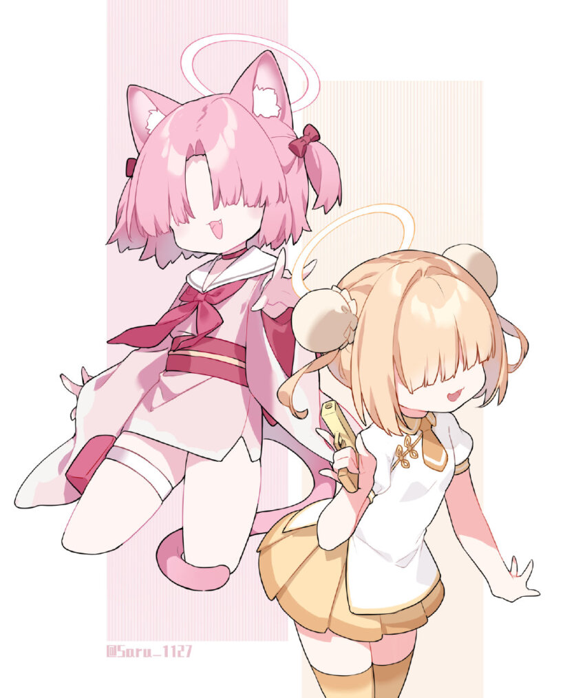 2girls, animal_ear_fluff, animal_ears, blonde_hair, blue_archive, blush, bun_cover, chlorella_observation_club_member_(blue_archive)