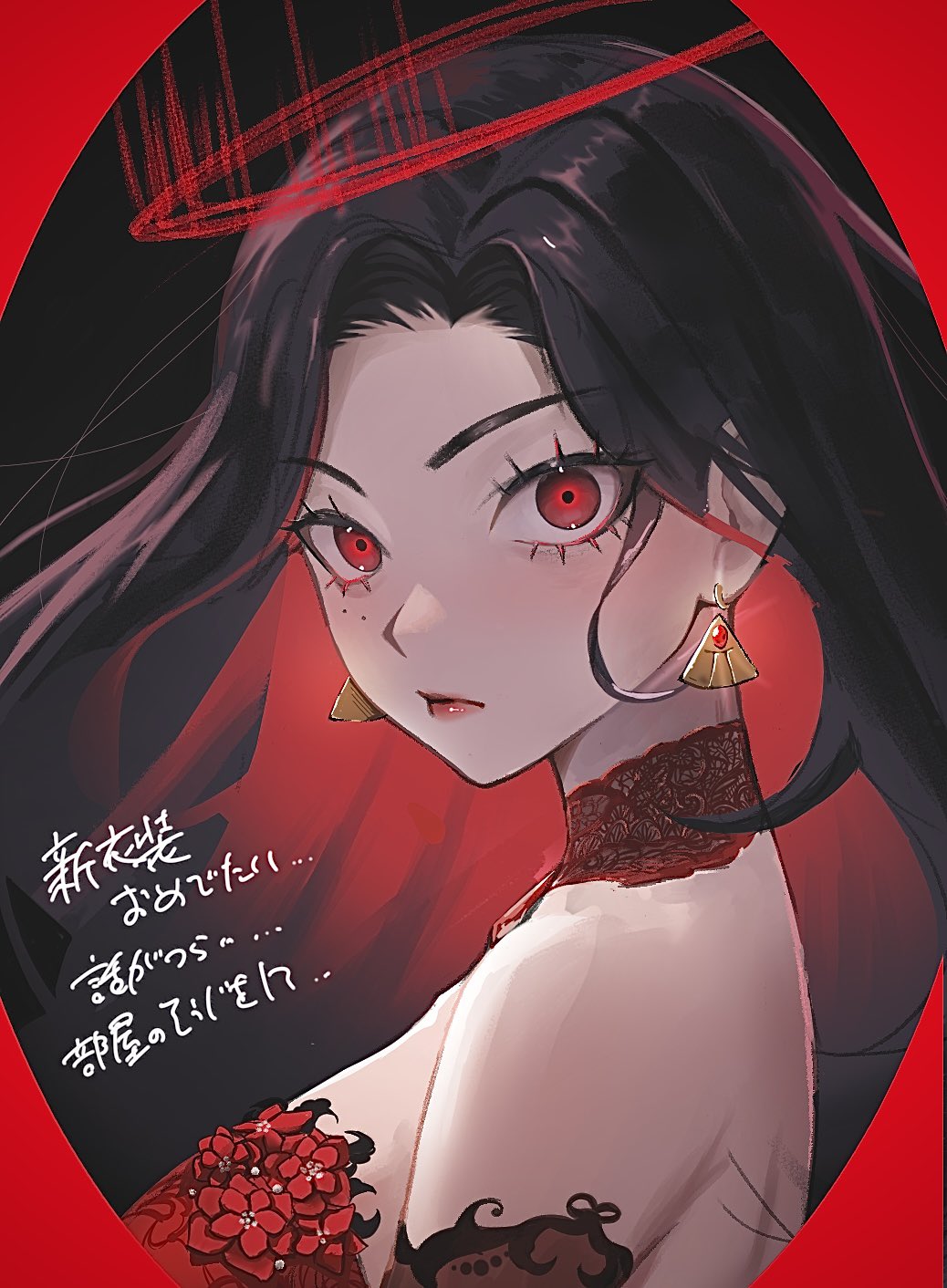 1girl, black_hair, colored_inner_hair, earrings, halo, hamuzukedon, highres, jewelry