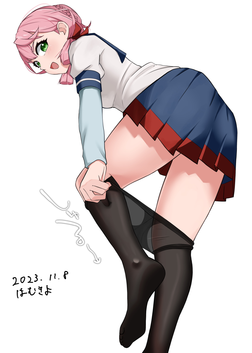 1girl, absurdres, akashi_(kancolle), alternate_hairstyle, artist_name, black_pantyhose, blunt_tresses, blush