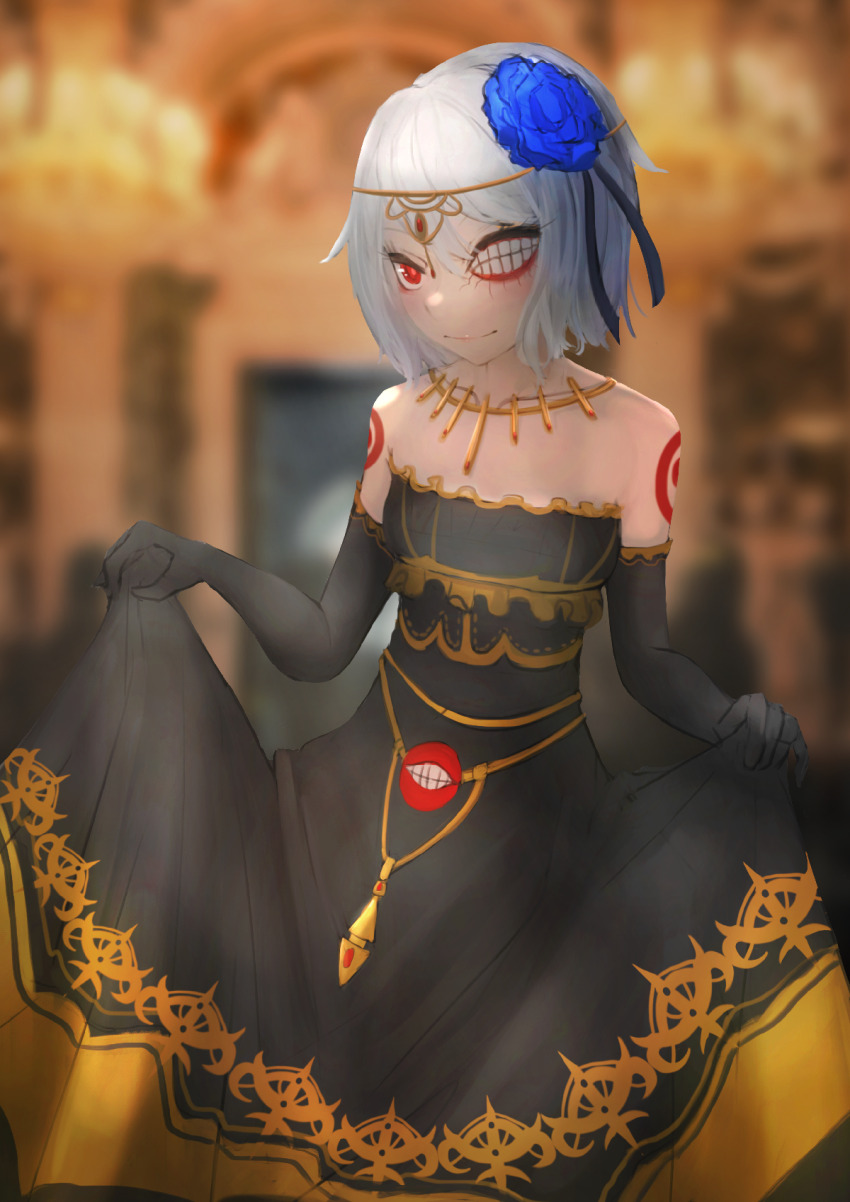 1girl, ander_horlo, bare_shoulders, black_dress, dress, elbow_gloves, flower, gloves