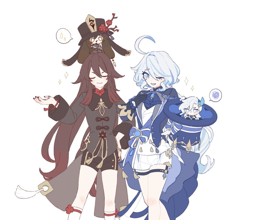 2girls, ahoge, black_nails, black_shorts, blue_eyes, blush, brown_hair, chinese_clothes, closed_eyes, flower, furina_(genshin_impact), genshin_impact, gradient_hair, hat, hat_ornament, highres, hu_tao_(genshin_impact), jewelry, long_hair, long_sleeves, multicolored_hair, multiple_girls, neuvillette_(genshin_impact), one_eye_closed, plum_blossoms, porkpie_hat, red_eyes, red_shirt, ring, saden_meow, shirt, shorts, sidelocks, simple_background, thighs, twintails, white_background, white_hair, zhongli_(genshin_impact)