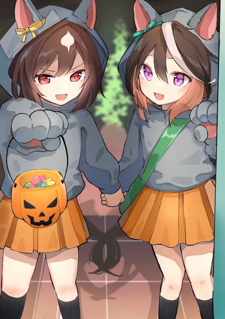 2girls, aged_down, alternate_costume, animal_ears, basket, brown_hair, feet_out_of_frame, hair_between_eyes