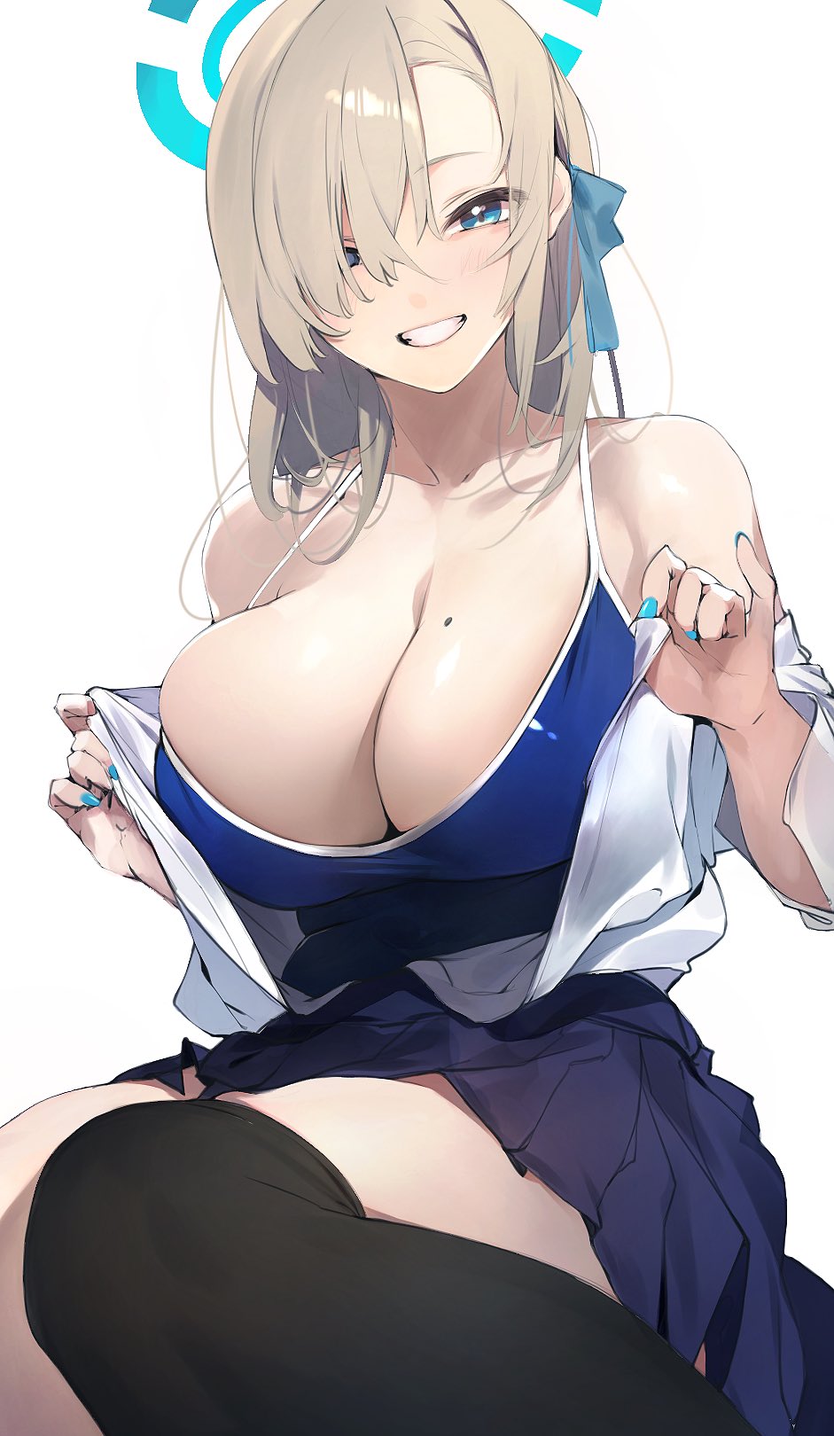 asuna_(blue_archive), black_thighhighs, blue_archive, blue_bow, blue_bowtie, blue_nails, blue_skirt, blush