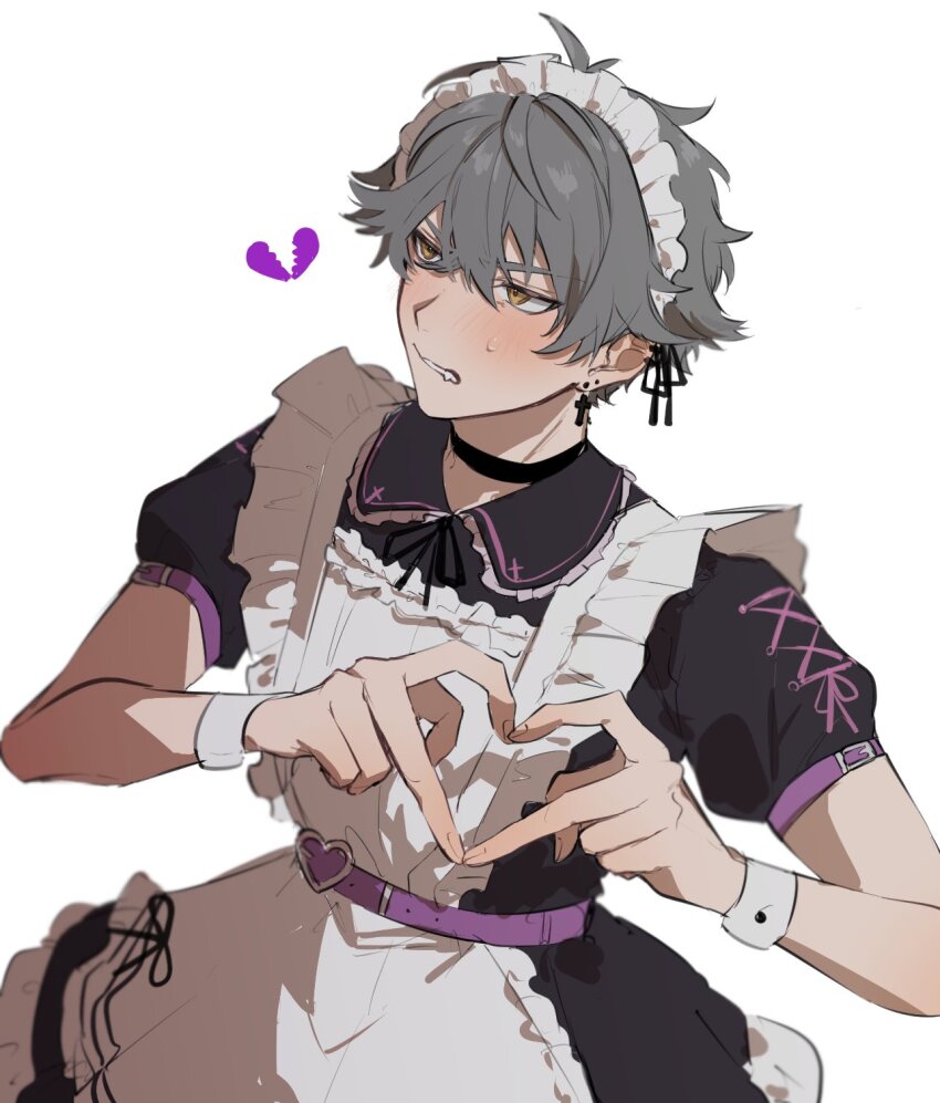1boy, apron, belt, black_dress, blush, broken_heart, crossdressing, crossdressing_(mtf), dark-skinned_male, dark_skin, dress, earrings, embarrassed, ensemble_stars!, grey_hair, heart, heart_hands, highres, jewelry, looking_to_the_side, maid, maid_apron, maid_headdress, male_focus, male_maid, multiple_earrings, ogami_koga, poyapoya_c, purple_belt, short_hair, short_sleeves, solo, white_apron, white_background, yellow_eyes