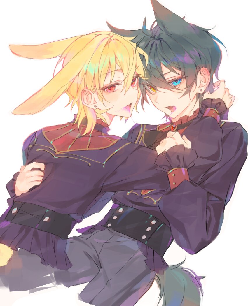 2boys, absurdres, animal_ears, ascot, belt, black_belt, black_hair, blonde_hair