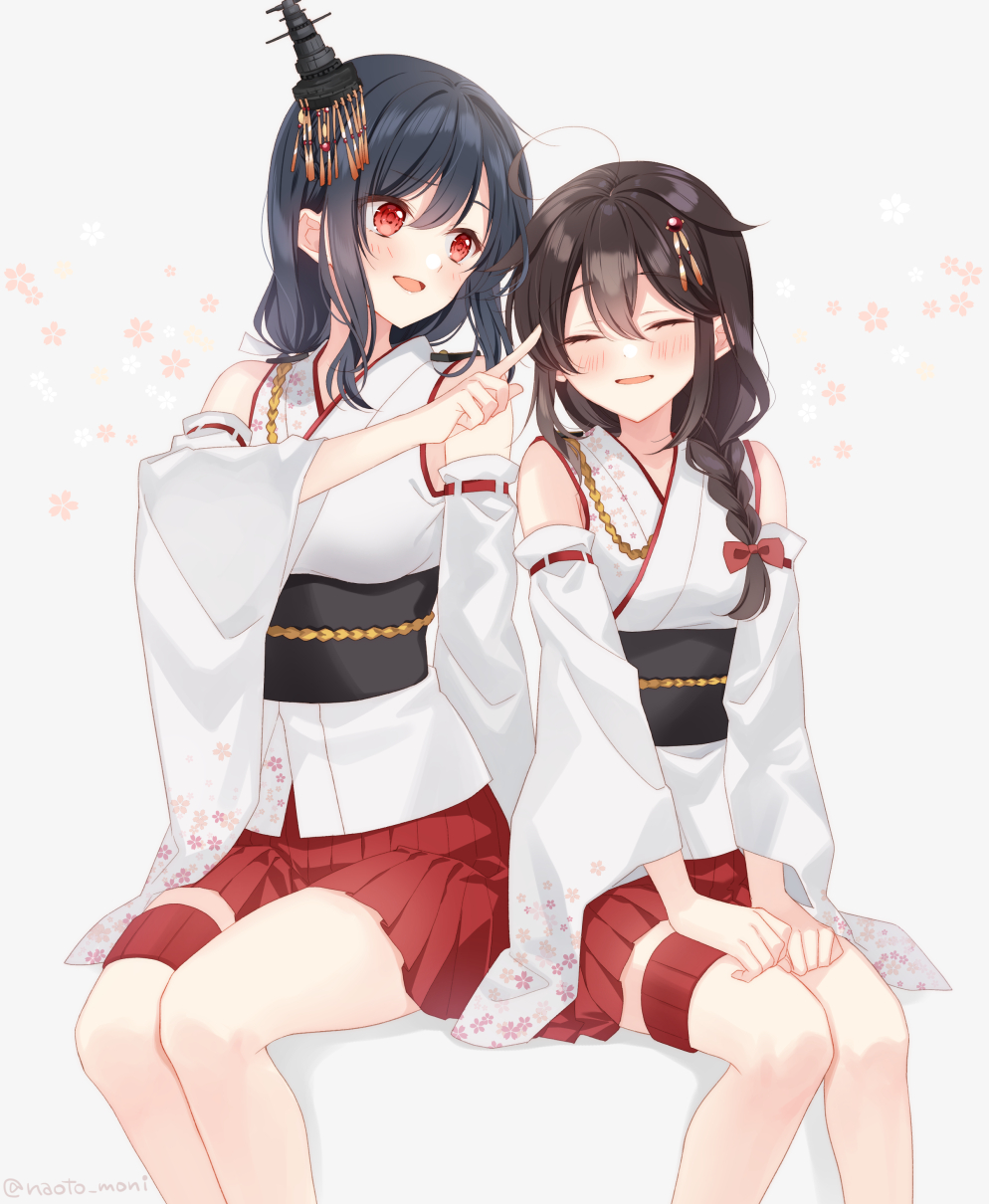 2girls, ahoge, aiguillette, black_hair, braid, breasts, brown_hair, closed_eyes
