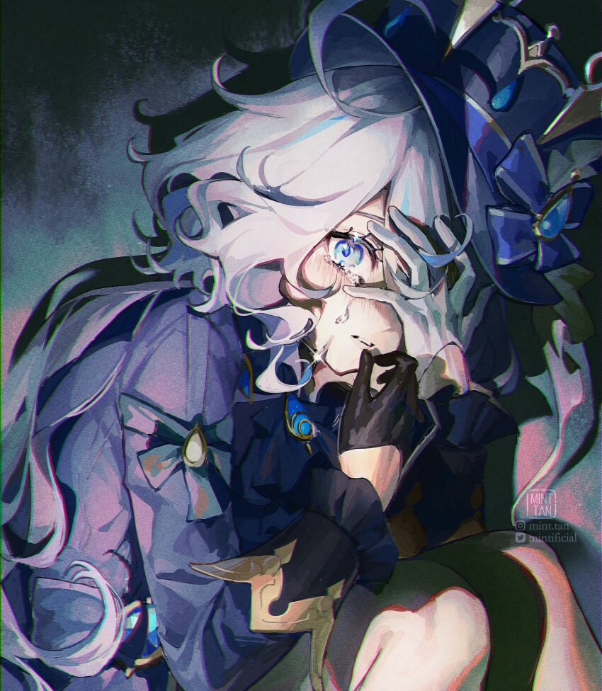 1girl, ascot, black_background, black_gloves, black_shorts, blue_ascot, blue_eyes, blue_hair