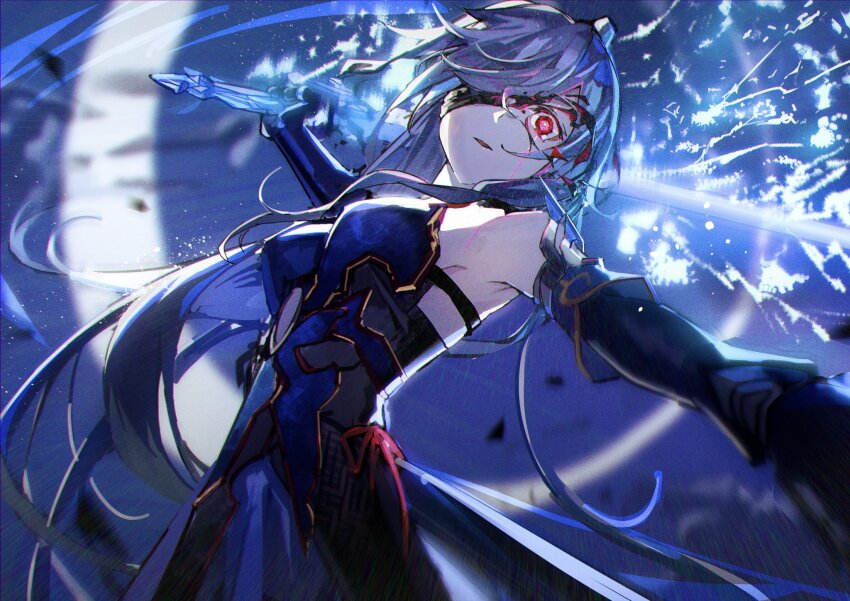 1girl, bare_shoulders, black_gloves, blindfold, blue_sleeves, chinese_clothes, detached_sleeves, gloves