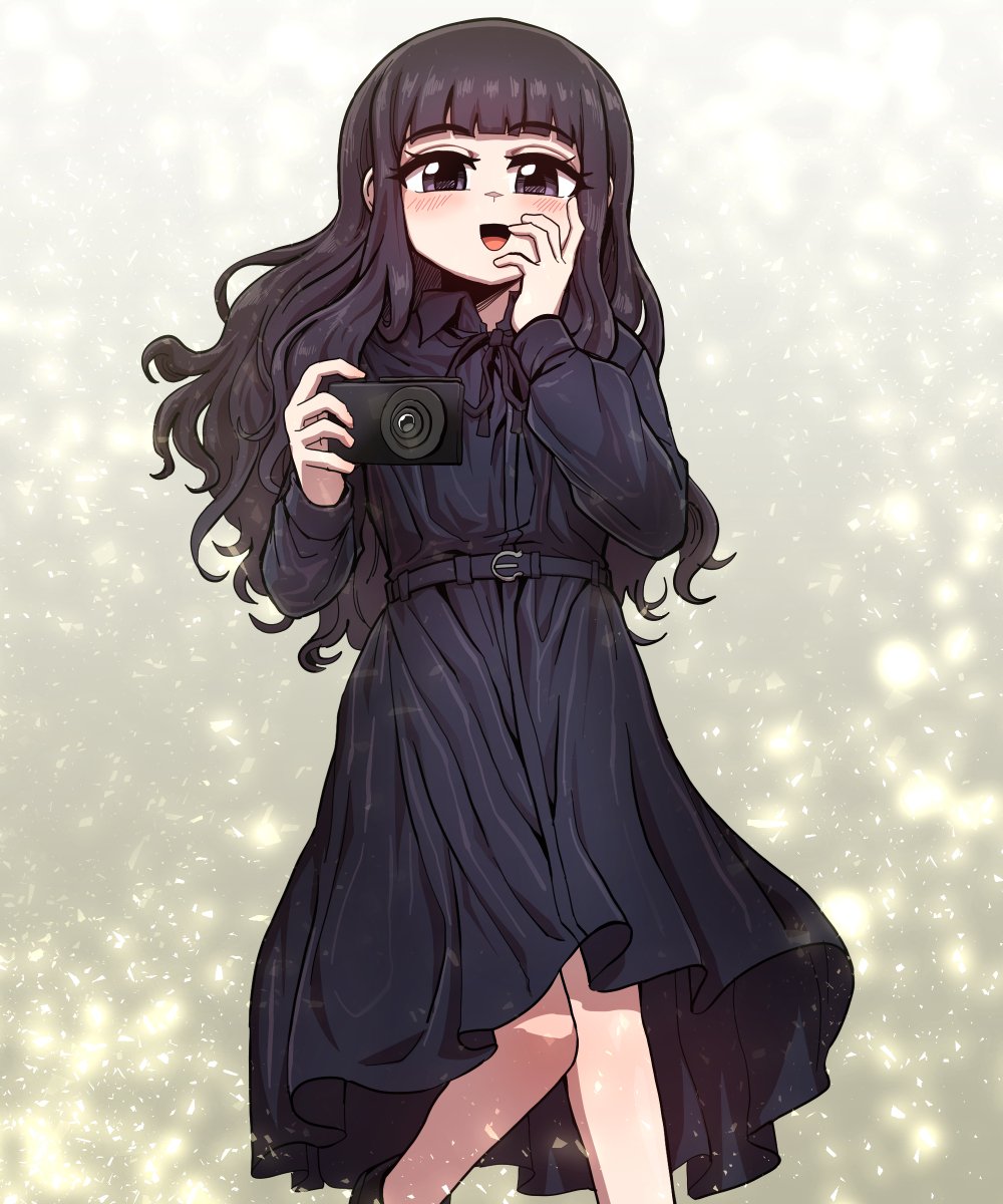 1girl, alternate_costume, bare_legs, belt, black_footwear, blush, camera, cardcaptor_sakura