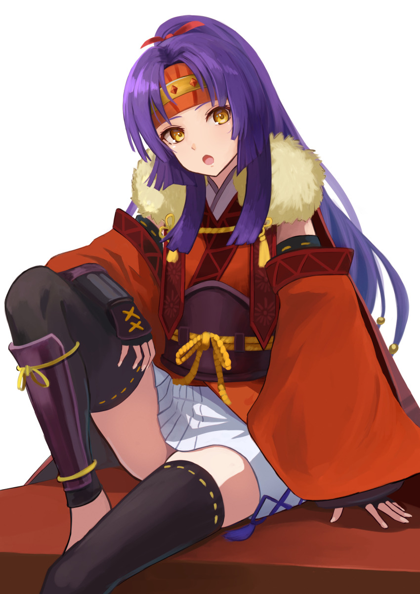 1girl, :o, black_thighhighs, commentary_request, curtained_hair, detached_sleeves, fire_emblem, fire_emblem:_radiant_dawn
