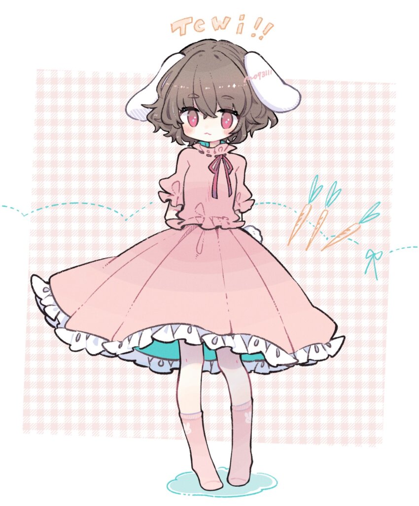 1girl, animal_ears, arms_under_breasts, brown_hair, carrot, character_name, closed_mouth, highres