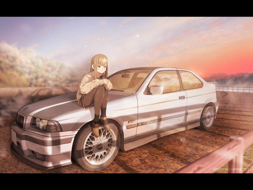 1girl, black_pantyhose, bmw, bmw_318ti, bmw_3_series, bmw_e36, brown_eyes, brown_footwear