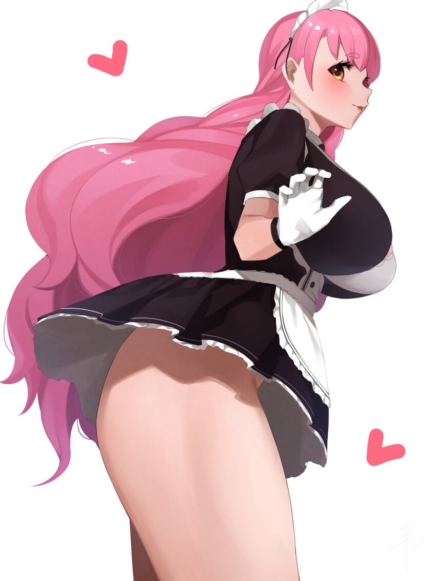 1girl, aizono_manami, aizono_manami_(1st_costume), black_dress, black_ribbon, blush, breasts, dress, from_side, gloves, heart, highres, huge_breasts, long_hair, maid, maid_headdress, nijisanji, nose, parted_lips, pink_hair, pink_lips, ribbon, senju_(snz0), short_sleeves, simple_background, smile, solo, standing, thick_eyebrows, thighs, virtual_youtuber, wavy_hair, white_background, white_gloves, white_headdress, yellow_eyes
