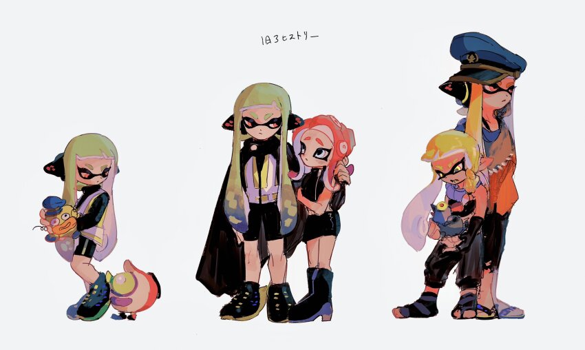 absurdres, age_progression, agent_3_(splatoon), agent_3_(splatoon_3), agent_8_(splatoon), arm_around_shoulder, boots, captain_3_(splatoon), cloak, expressionless, green_hair, hat, headphones, highres, inkling, inkling_girl, inkling_player_character, miniskirt, nintendo, octoling, octoling_girl, octoling_player_character, pink_hair, sandals, simple_background, skirt, smallfry_(splatoon), splatoon_(series), splatoon_1, splatoon_2, splatoon_2:_octo_expansion, splatoon_3, squidbeak_splatoon, tentacle_hair, zapfish, zicbx