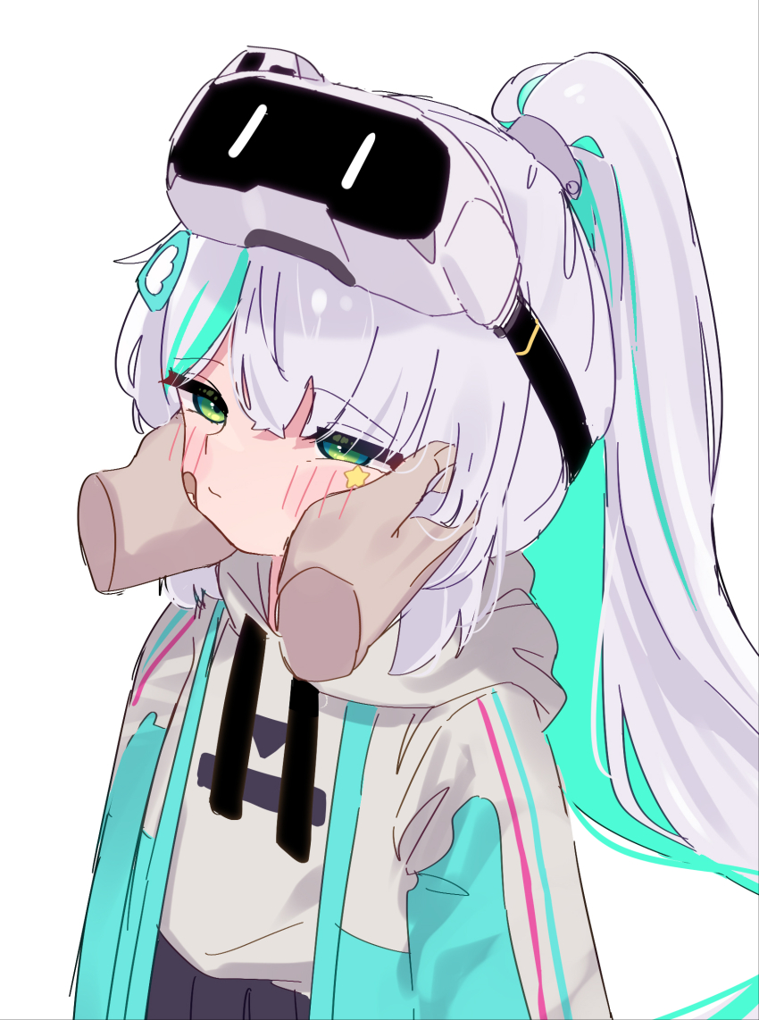 1girl, 1other, ahoge, bandaid, bandaid_on_face, black_skirt, child, closed_mouth