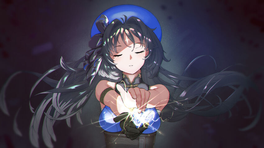 1girl, absurdres, antenna_hair, armband, bare_arms, bare_shoulders, black_corset, black_gloves, black_hair, black_ribbon, blue_headwear, blue_shirt, blurry, blurry_background, breasts, casting_spell, chest_sarashi, chinese_clothes, closed_eyes, commentary, corset, dim_lighting, english_commentary, facial_mark, floating_hair, forehead_mark, gloves, glowing, glowing_symbol, hair_intakes, hair_ribbon, highres, long_hair, medium_breasts, mole, mole_under_eye, reijgr_(ff9999x), ribbon, sarashi, shirt, single_glove, solo, upper_body, wuthering_waves, yangyang_(wuthering_waves)
