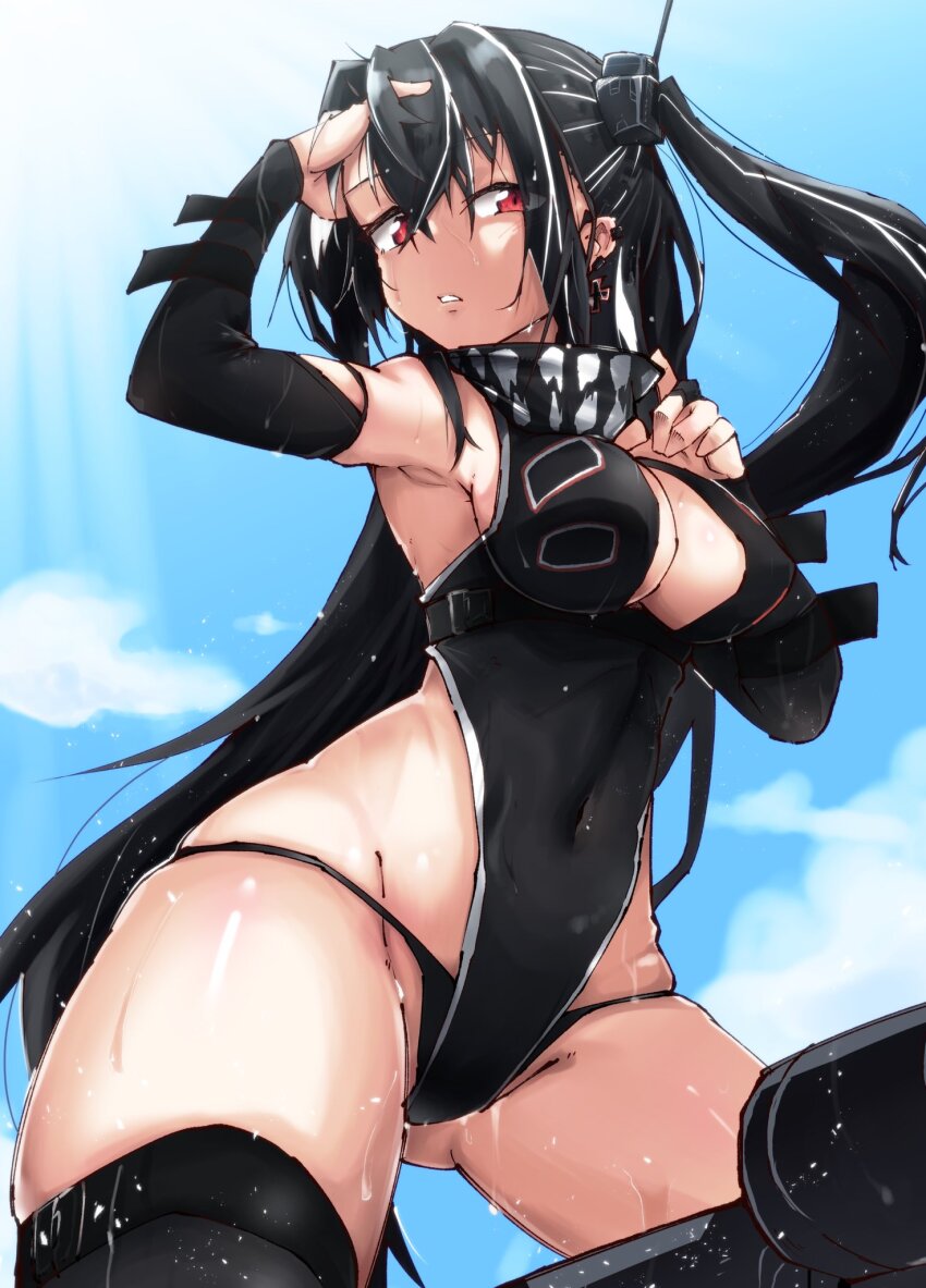 1girl, adjusting_hair, arm_up, armpits, azur_lane, black_hair, black_leotard, black_panties
