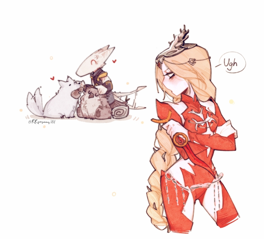 1boy, 1girl, ^_^, animal, annoyed, baldur's_gate, baldur's_gate_3, blank_eyes