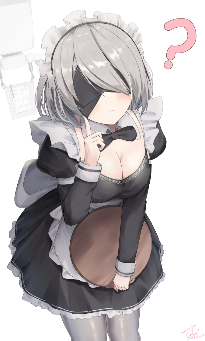 1girl, 2b_(nier:automata), ?, apron, black_bow, black_dress, blindfold, blush