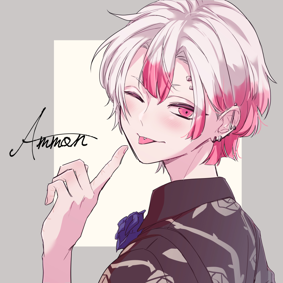 1boy, akuma_shitsuji_to_kuroi_neko, ammon_lead, black_shirt, blush, border, character_name, earrings