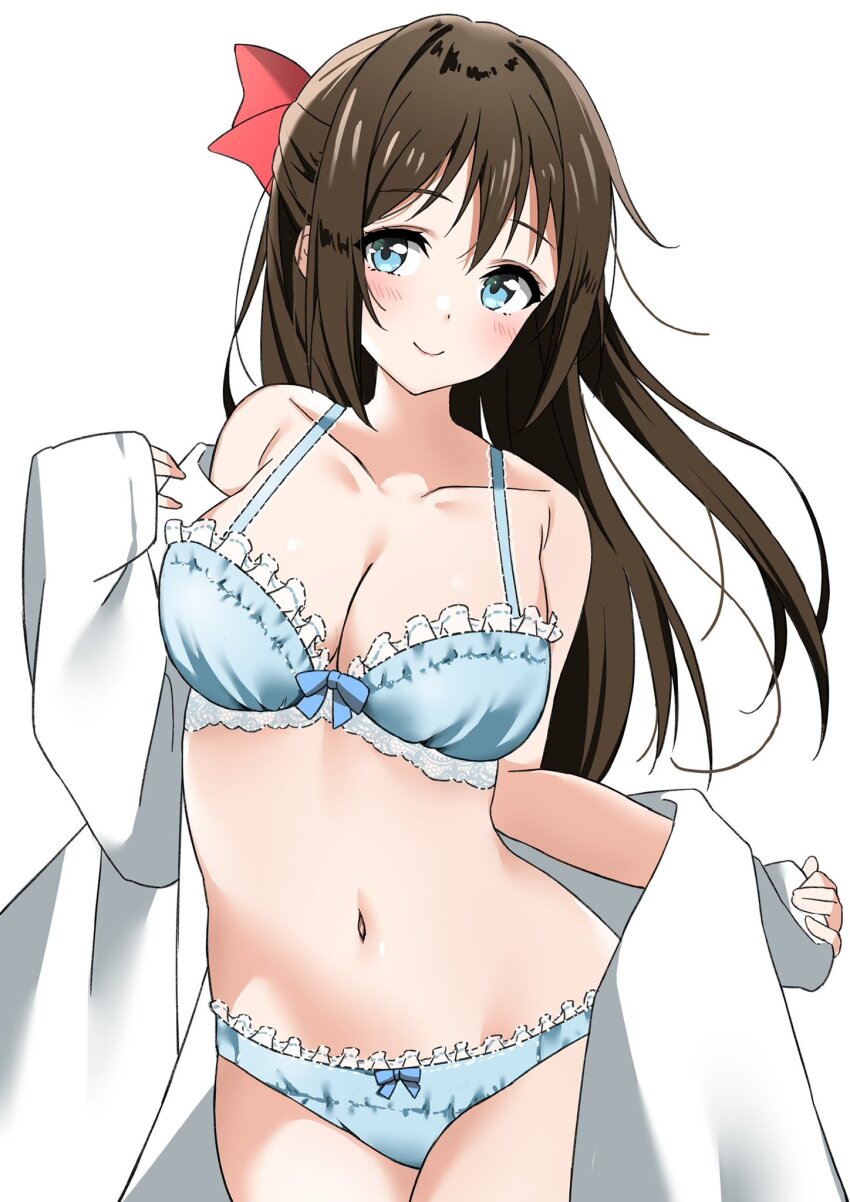 1girl, bien_(djpwjd1), blue_bra, blue_eyes, blue_panties, bow, bra, breasts