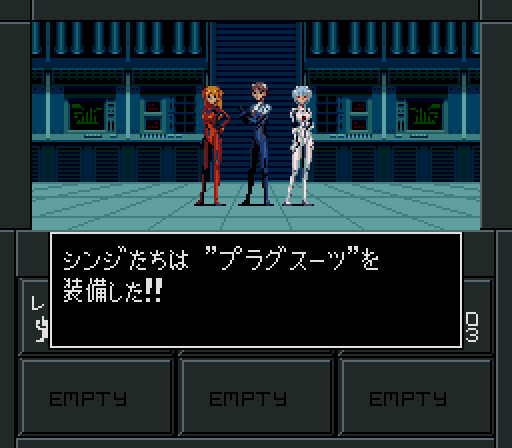 1boy, 2girls, atlus, ayanami_rei, blue_hair, bodysuit, brown_hair, contrapposto, dialogue_box, fake_screenshot, full_body, hair_ornament, hand_on_own_arm, hand_on_own_hip, hip_focus, ikari_shinji, interface_headset_(evangelion), long_hair, looking_at_viewer, mecha_pilot_suit, multiple_girls, neon_genesis_evangelion, orange_hair, parody, pixel_art, plugsuit_(evangelion), red_eyes, red_hair, shin_megami_tensei, short_hair, souryuu_asuka_langley, standing, tile_floor, tiles, translated, video_game_dialogue_box, yg, yg_(gouki325)