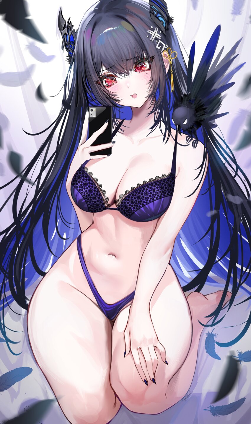 1girl, absurdres, black_hair, blue_hair, bra, breasts, cellphone, hair_ornament