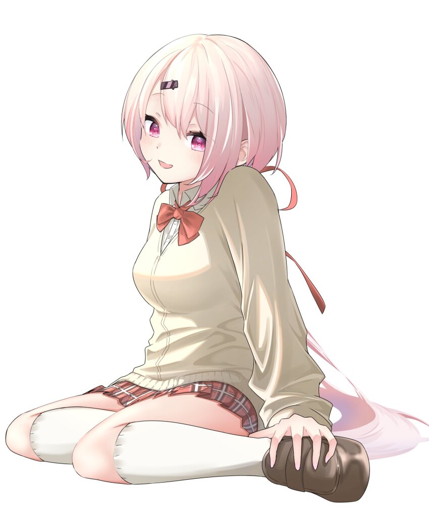 1girl, akane_(tgixb), bow, bowtie, breasts, brown_cardigan, brown_shoes, cardigan