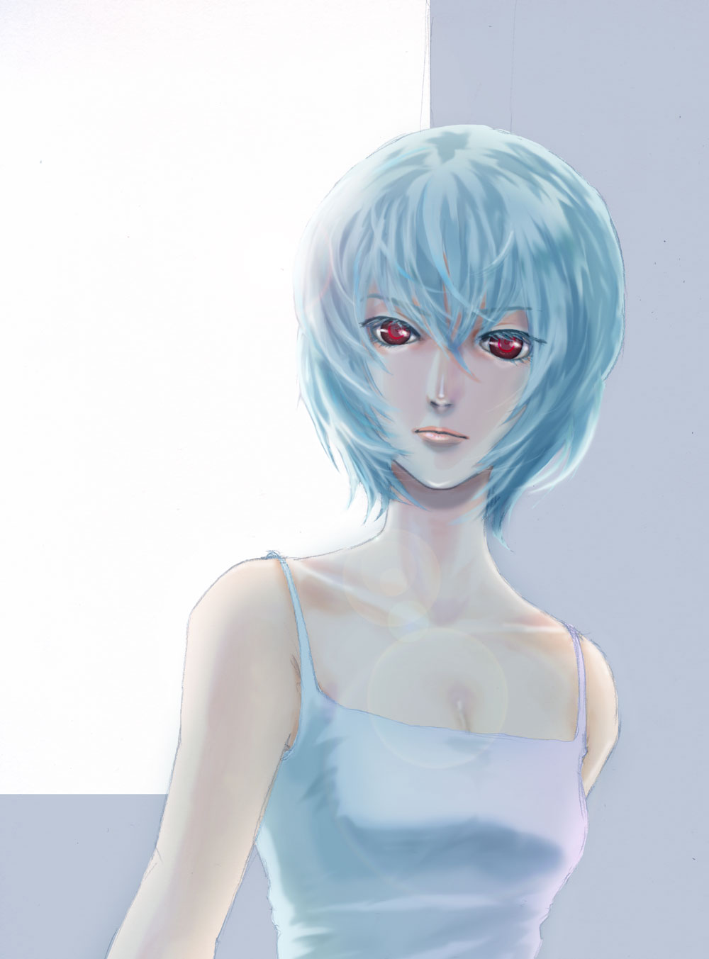 1girl, ayanami_rei, bad_id, bad_pixiv_id, bare_shoulders, blue_hair, dress, female_focus