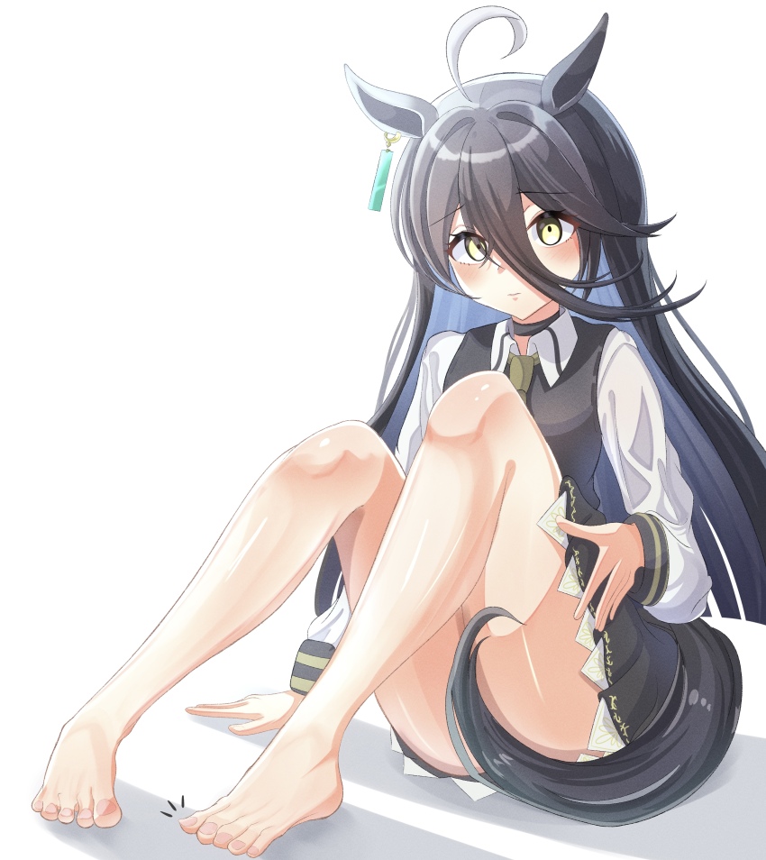 1girl, absurdres, ahoge, animal_ears, barefoot, black_hair, black_shirt, black_skirt